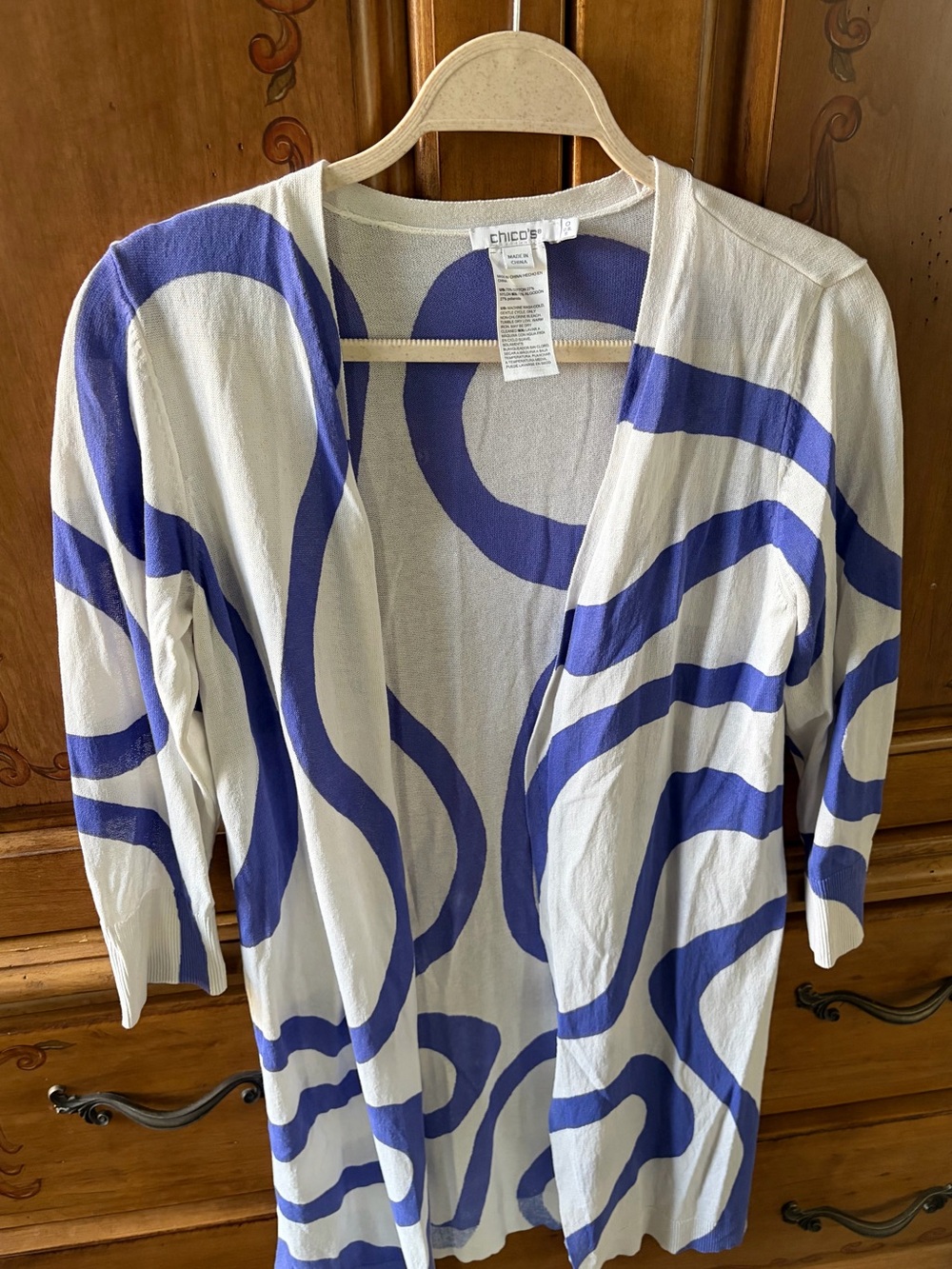 Chico's White Cardigan with Bold Blue Abstract Swirl